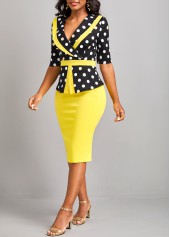 Polka Dot Patchwork Yellow V Neck Bodycon Dress