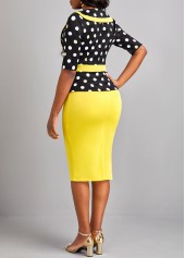 Polka Dot Patchwork Yellow V Neck Bodycon Dress