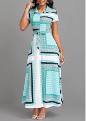 Geometric Print Button Belted Cyan Maxi Dress