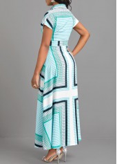 Geometric Print Button Belted Cyan Maxi Dress