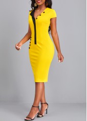 Yellow V Neck Short Sleeve Pocket Dress