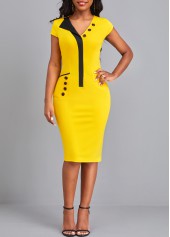 Yellow V Neck Short Sleeve Pocket Dress