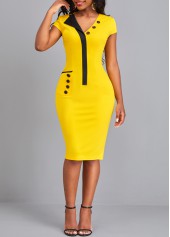 Yellow V Neck Short Sleeve Pocket Dress