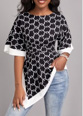 Geometric Print Asymmetry Black Round Neck Blouse