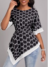 Geometric Print Asymmetry Black Round Neck Blouse