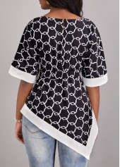 Geometric Print Asymmetry Black Round Neck Blouse