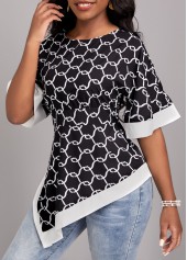 Geometric Print Asymmetry Black Round Neck Blouse