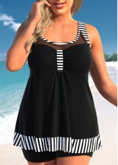 Black Plus Size Striped Mesh Tankini Top-No Bottom