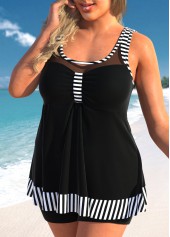 Black Plus Size Striped Mesh Tankini Top-No Bottom