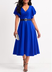 Royal Blue Smocked V Neck Short Sleeve Dress