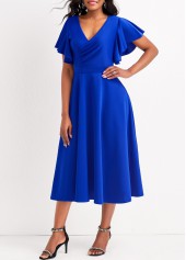 Royal Blue Smocked V Neck Short Sleeve Dress