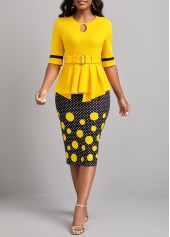 Polka Dot Patchwork Belted Yellow Bodycon Dress