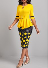 Polka Dot Patchwork Belted Yellow Bodycon Dress