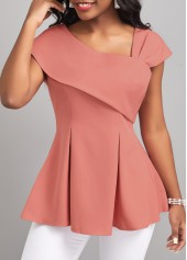 Asymmetrical Neck Short Sleeve Pink Blouse