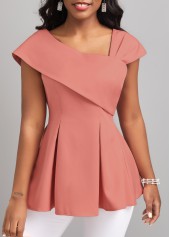 Asymmetrical Neck Short Sleeve Pink Blouse