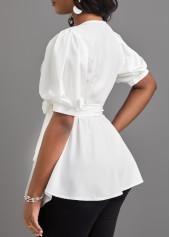Short Sleeve Asymmetry White V Neck Belted Blouse