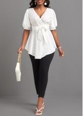 Short Sleeve Asymmetry White V Neck Belted Blouse
