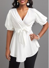Short Sleeve Asymmetry White V Neck Belted Blouse