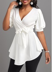 Short Sleeve Asymmetry White V Neck Belted Blouse
