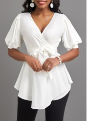 Short Sleeve Asymmetry White V Neck Belted Blouse