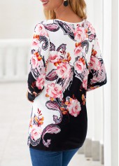 Floral Print Criss Cross Black T Shirt