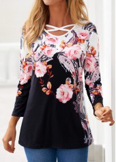 Floral Print Criss Cross Black T Shirt
