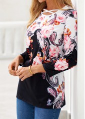 Floral Print Criss Cross Black T Shirt