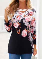 Floral Print Criss Cross Black T Shirt