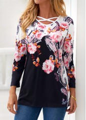 Floral Print Criss Cross Black T Shirt