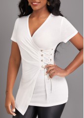 White V Neck Short Sleeve Eyelet T Shirt
