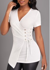 White V Neck Short Sleeve Eyelet T Shirt