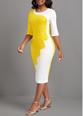 Yellow Round Neck Half Sleeve Patchwork Bodycon Dress