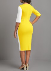 Yellow Round Neck Half Sleeve Patchwork Bodycon Dress
