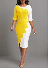 Yellow Round Neck Half Sleeve Patchwork Bodycon Dress