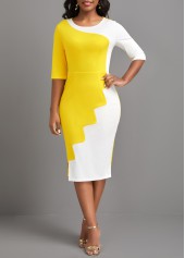 Yellow Round Neck Half Sleeve Patchwork Bodycon Dress
