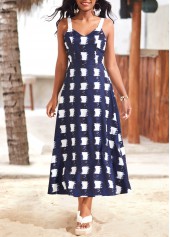 Plaid Bowknot Navy V Neck Sleeveless Maxi Dress