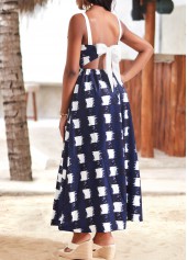 Plaid Bowknot Navy V Neck Sleeveless Maxi Dress