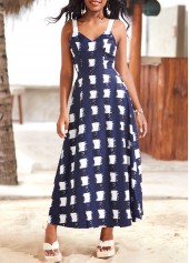 Plaid Bowknot Navy V Neck Sleeveless Maxi Dress