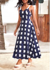 Plaid Bowknot Navy V Neck Sleeveless Maxi Dress