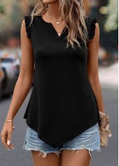Black Split Neck Frill Tank Top