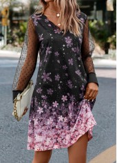 Floral Print Mesh Black A Line Dress