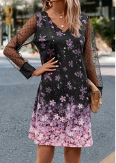 Floral Print Mesh Black A Line Dress