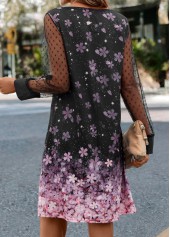 Floral Print Mesh Black A Line Dress
