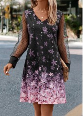 Floral Print Mesh Black A Line Dress