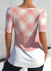 Plaid Cut Out Light Pink T Shirt