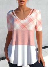 Plaid Cut Out Light Pink T Shirt