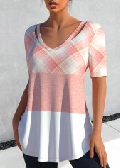 Plaid Cut Out Light Pink T Shirt