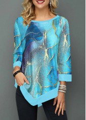Ombre Patchwork Cyan Round Neck T Shirt