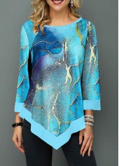 Ombre Patchwork Cyan Round Neck T Shirt