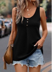 Button Scoop Neck Black Tank Top
